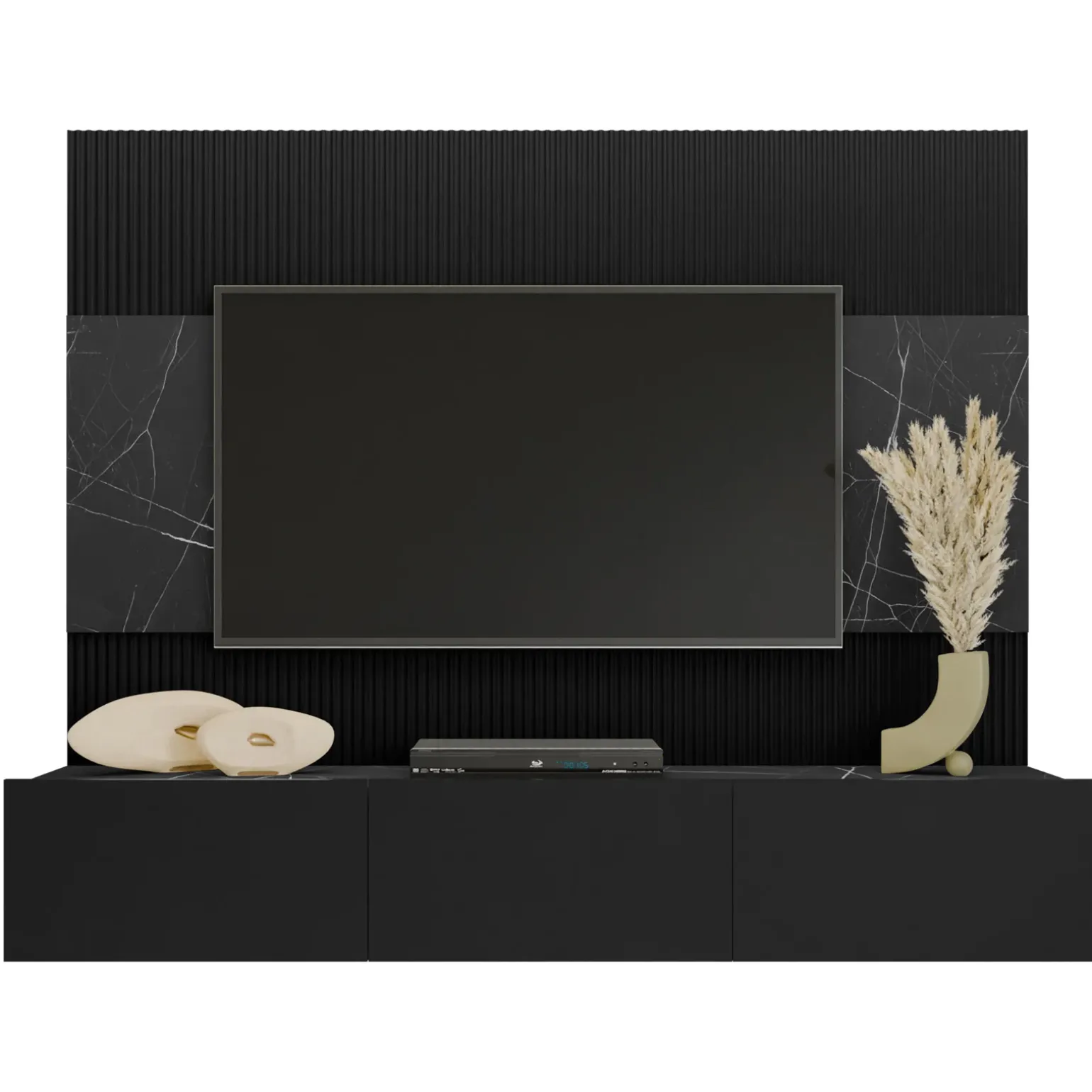Parete attrezzata sospesa 180x150h cm 3 ante nero cannettato effetto marmo Ilaria