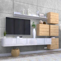 Parete attrezzata sospesa 300x210h cm bianco lucido rovere Tempus