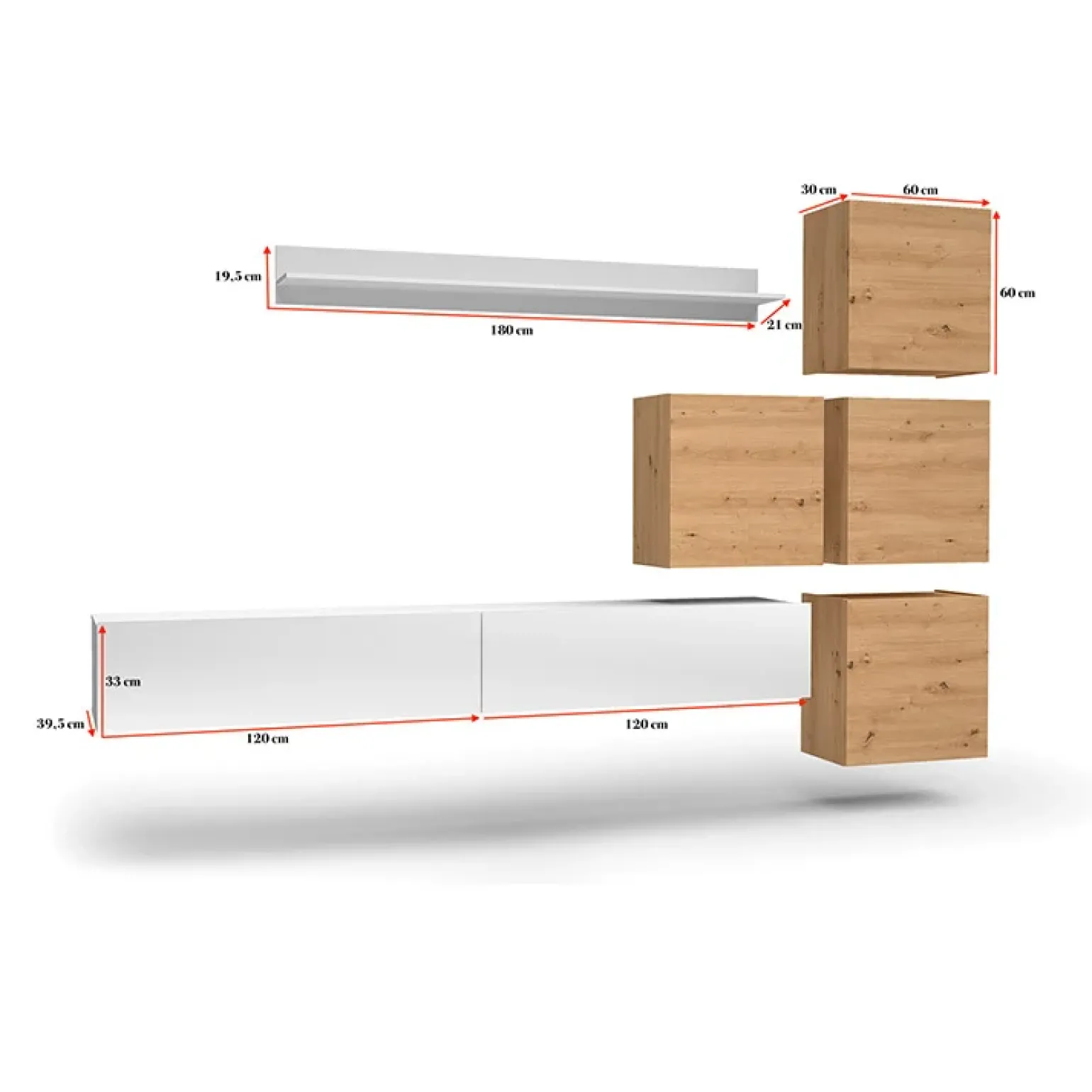 Parete attrezzata sospesa 300x210h cm bianco lucido rovere Tempus