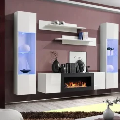 Parete attrezzata sospesa 260x170h cm con biocamino e vetrine bianco M Gihome®