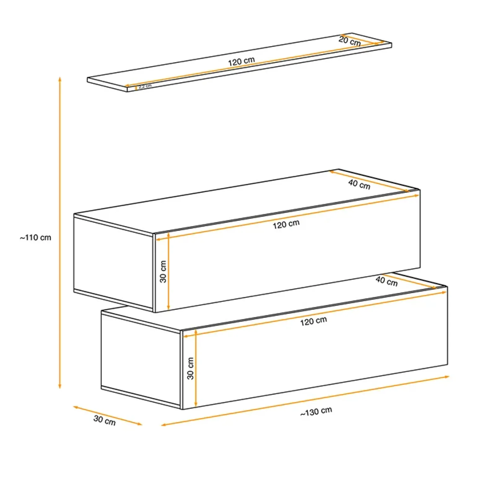 Parete attrezzata sospesa 130x110h cm moderna bianco nero Geo 19