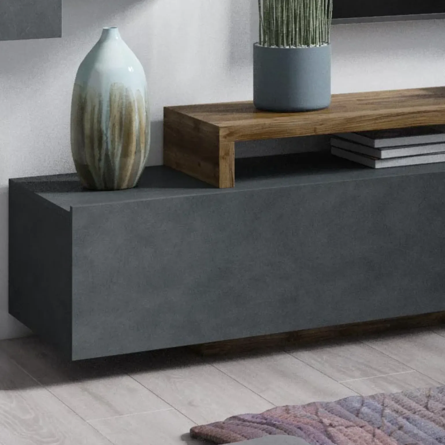 Parete attrezzata 219x 205h cm soggiorno antracite spatolato noce Megan Gihome®