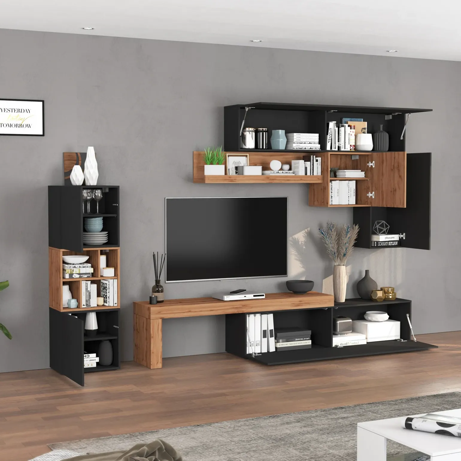 Parete attrezzata 350x200h cm antracite rovere Block 1