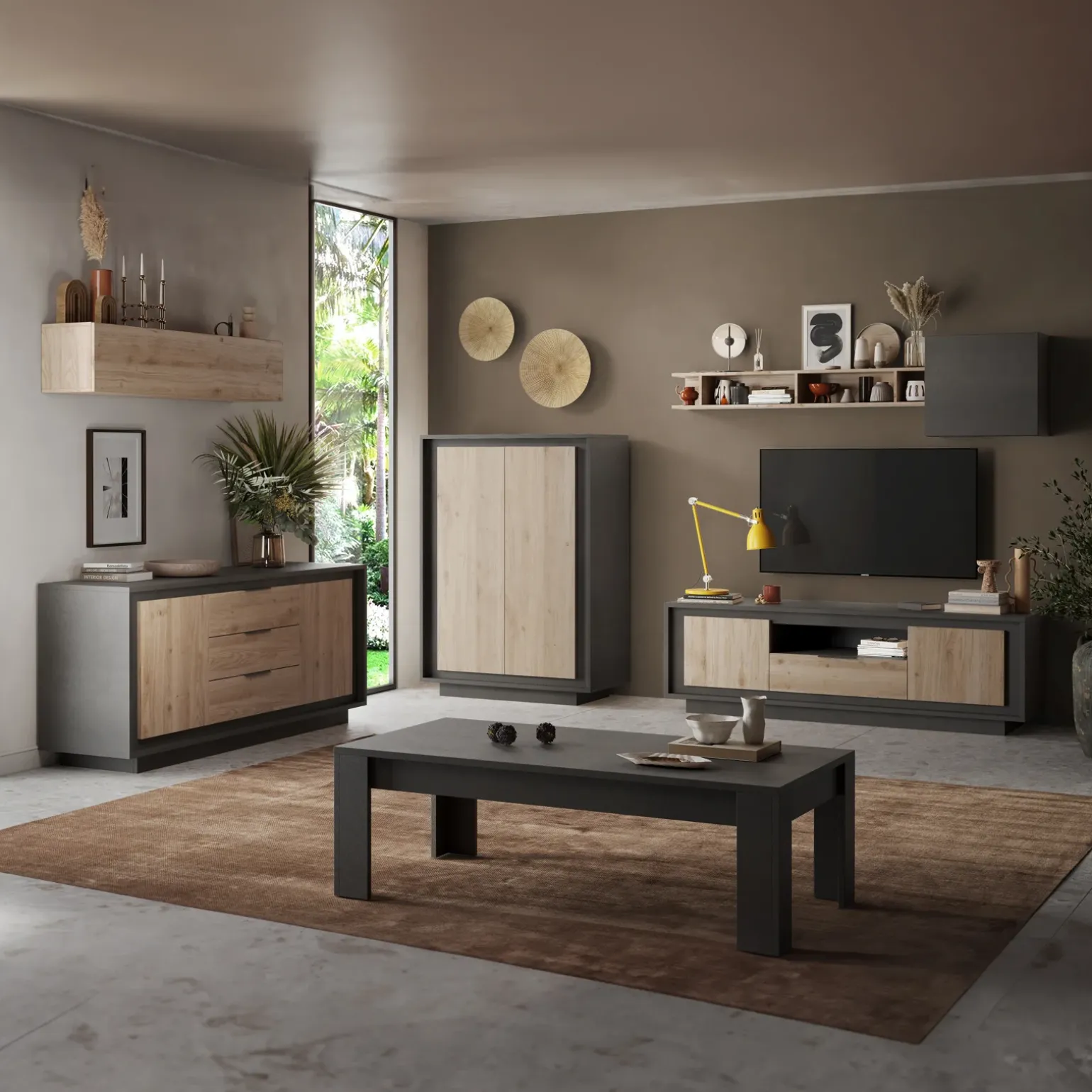 Parete attrezzata 180x200h cm antracite rovere chiaro Deluxe