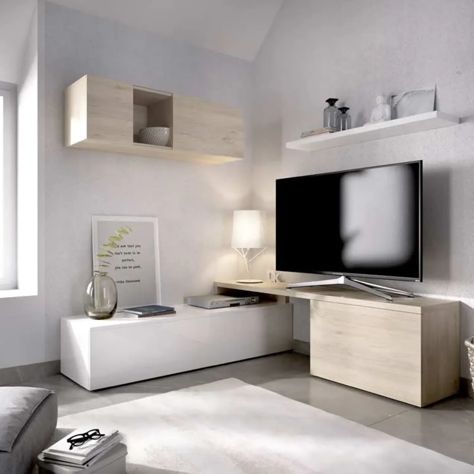 Parete attrezzata 201x143h cm angolare rovere bianco Sahara Gihome®
