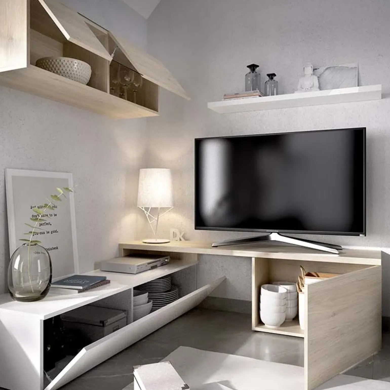 Parete attrezzata 201x143h cm angolare rovere bianco Sahara Gihome®