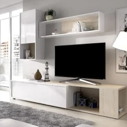 Parete attrezzata 180x220h cm angolare moderna rovere bianco lucido Flip