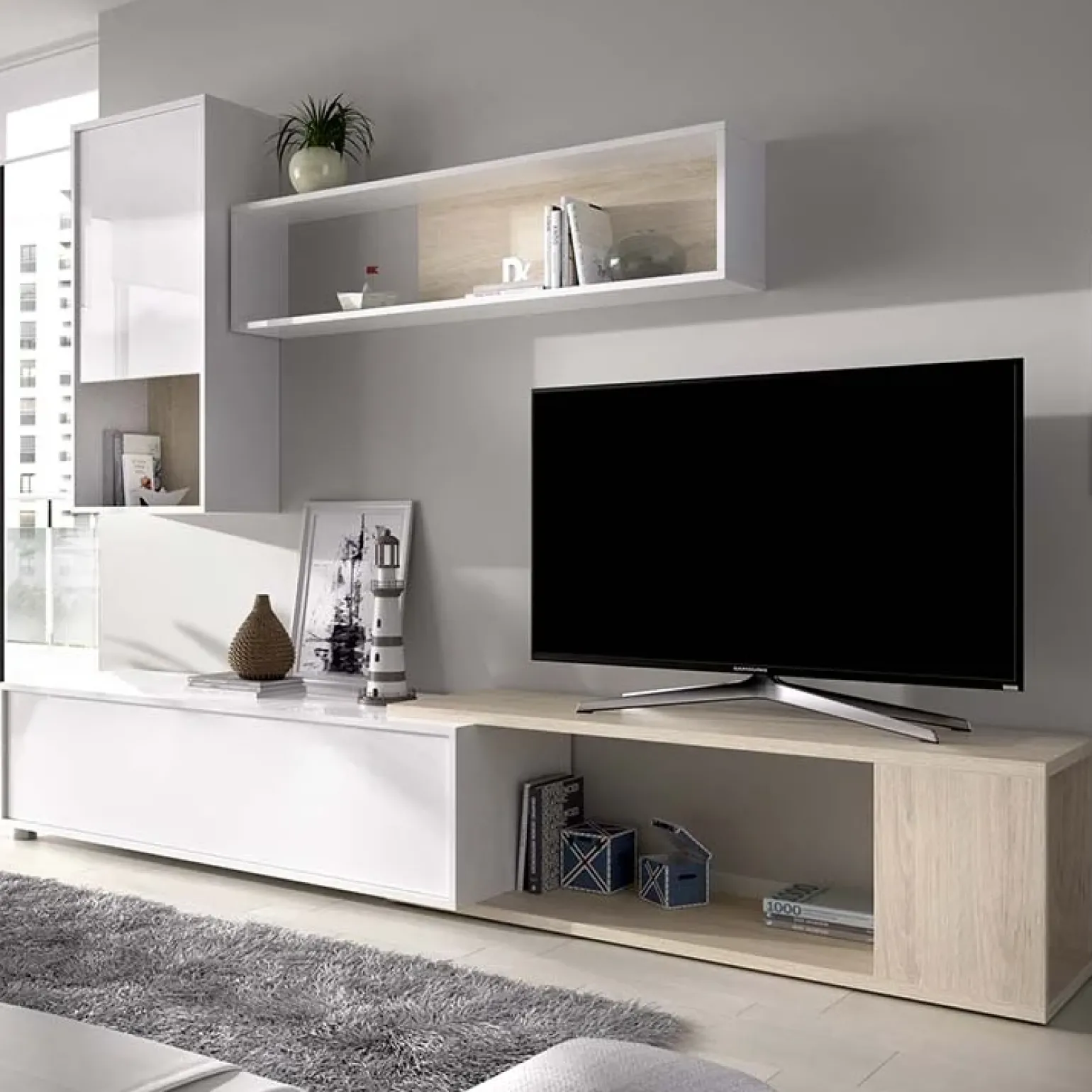 Parete attrezzata 180x220h cm angolare moderna rovere bianco lucido Flip