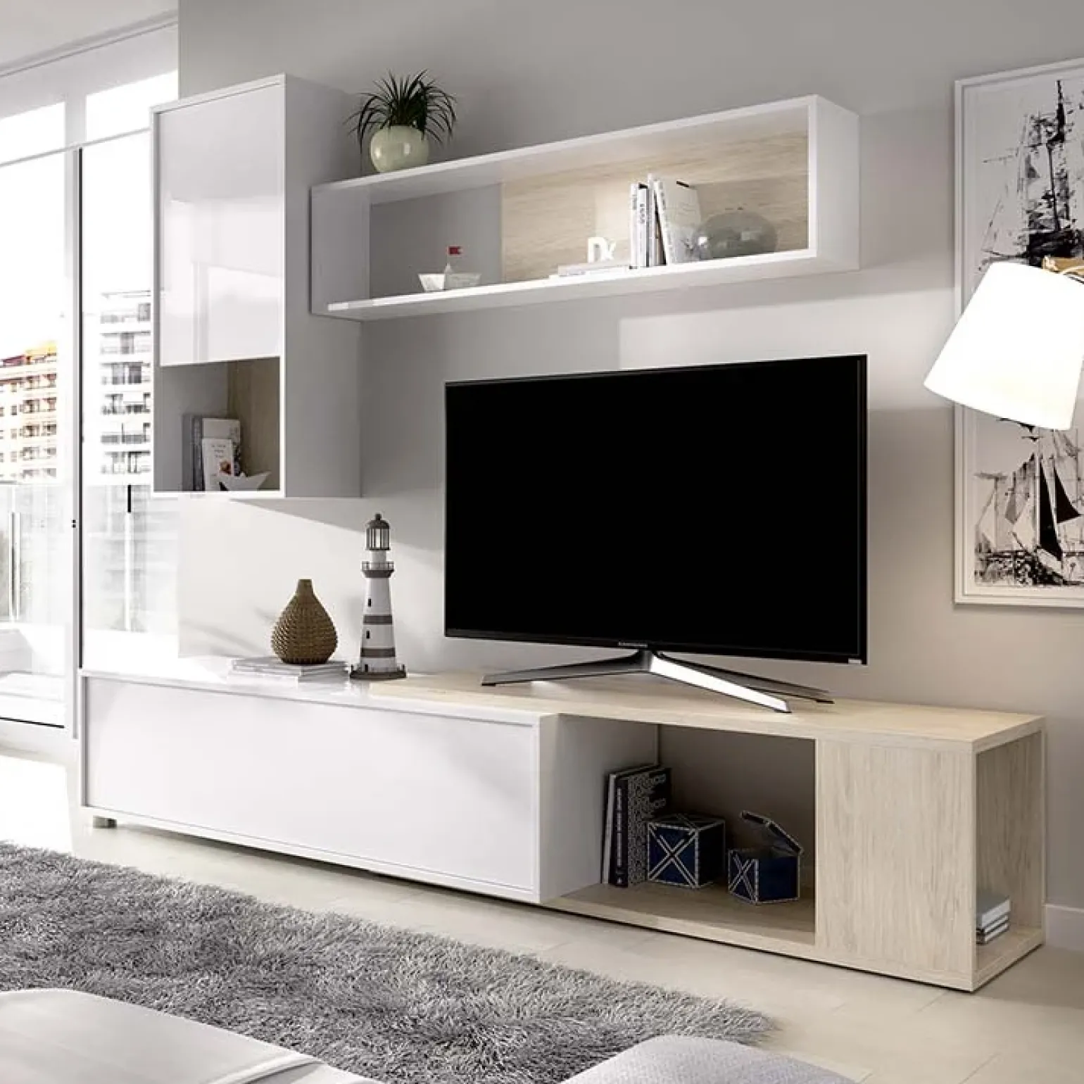 Parete attrezzata 180x220h cm angolare moderna rovere bianco lucido Flip