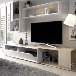Parete attrezzata 180x220h cm angolare moderna rovere bianco lucido Flip