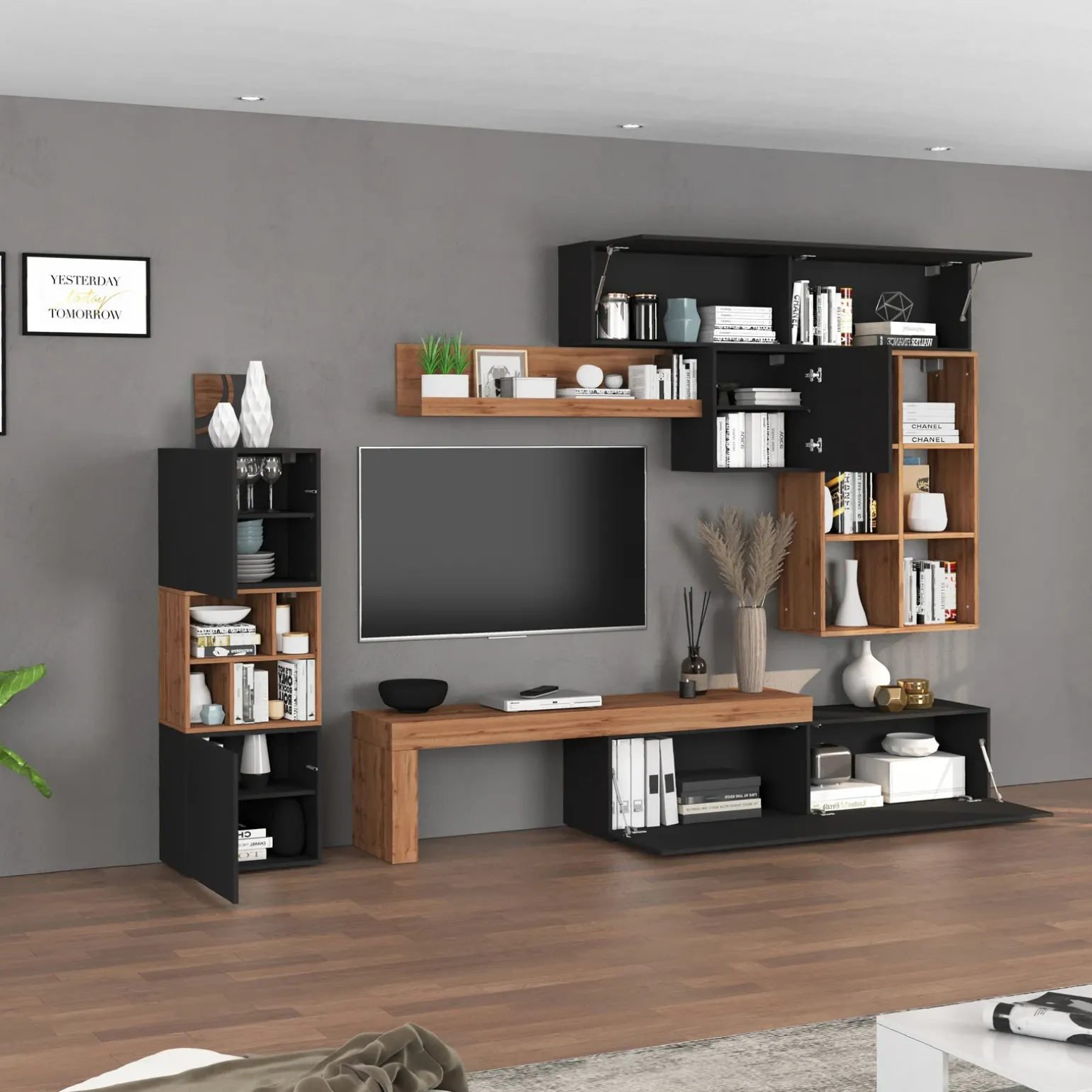 Parete attrezzata 350x200h cm antracite rovere Block 3