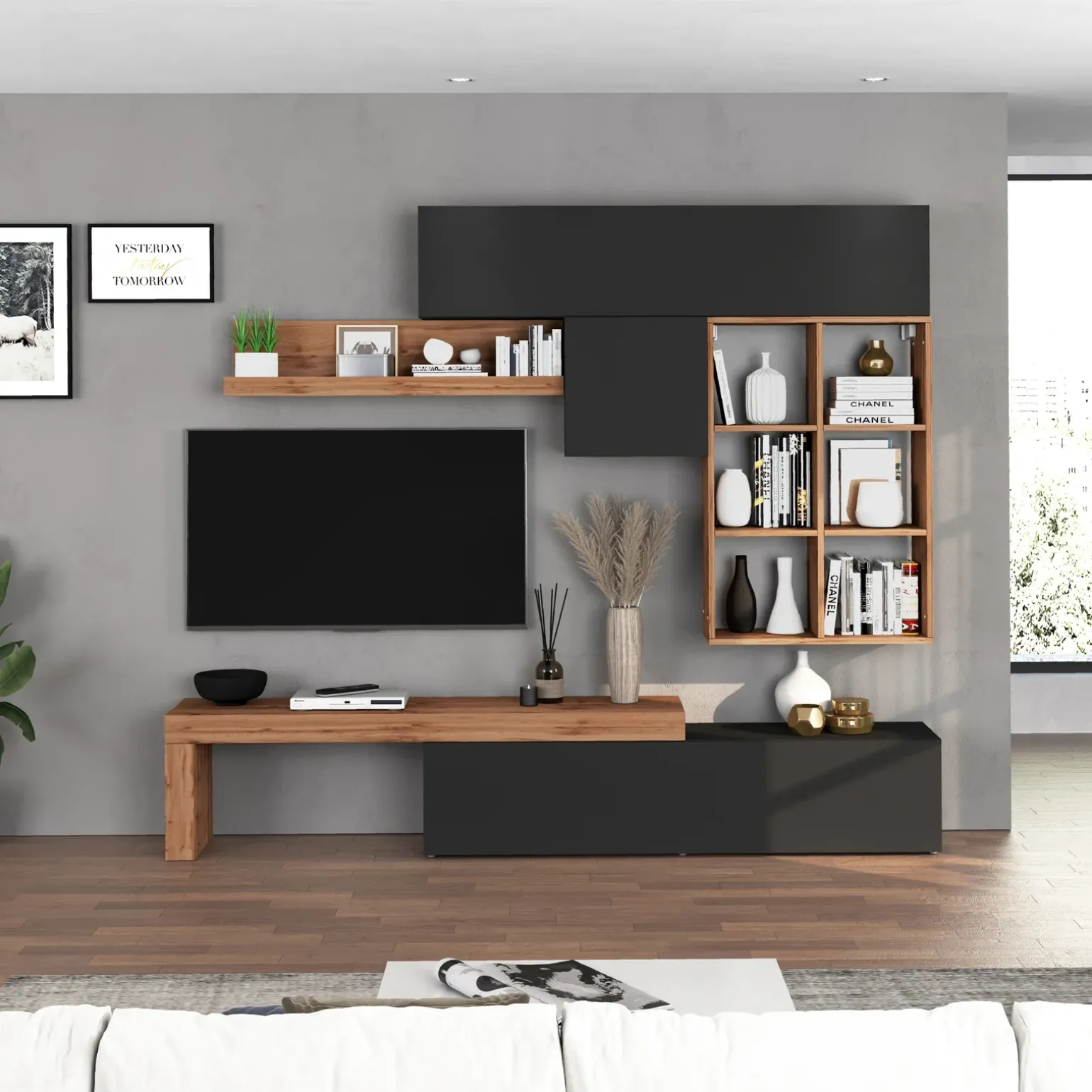 Parete attrezzata 270x200h cm antracite rovere Block 4