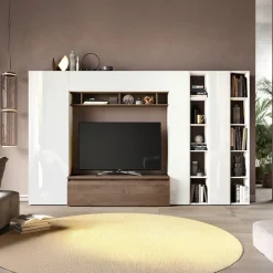 Parete attrezzata 305x186h cm bianco lucido rovere scuro Sunset 36