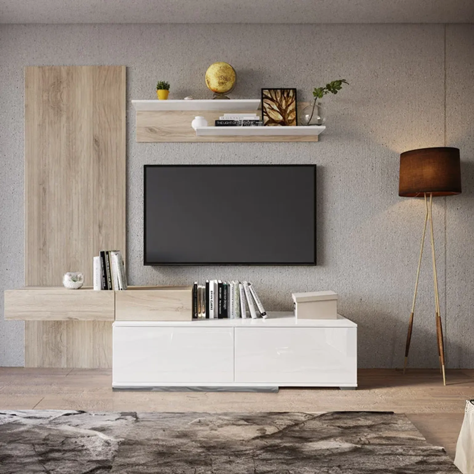 Parete attrezzata 205x200h cm bianco lucido con pannello cannettato rovere Rovella