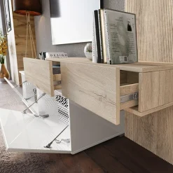 Parete attrezzata 205x200h cm bianco lucido con pannello cannettato rovere Rovella