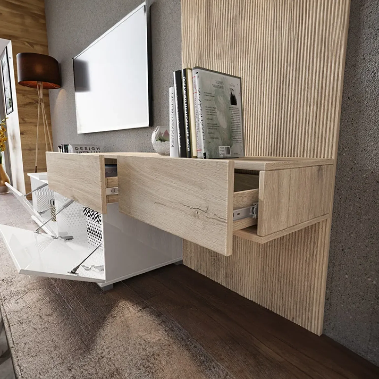 Parete attrezzata 205x200h cm bianco lucido con pannello cannettato rovere Rovella