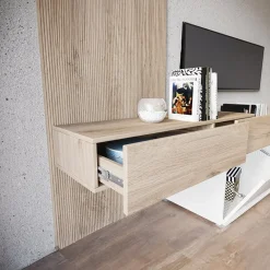 Parete attrezzata 205x200h cm bianco lucido con pannello cannettato rovere Rovella