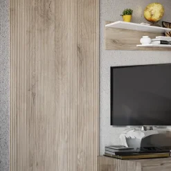 Parete attrezzata 205x200h cm bianco lucido con pannello cannettato rovere Rovella