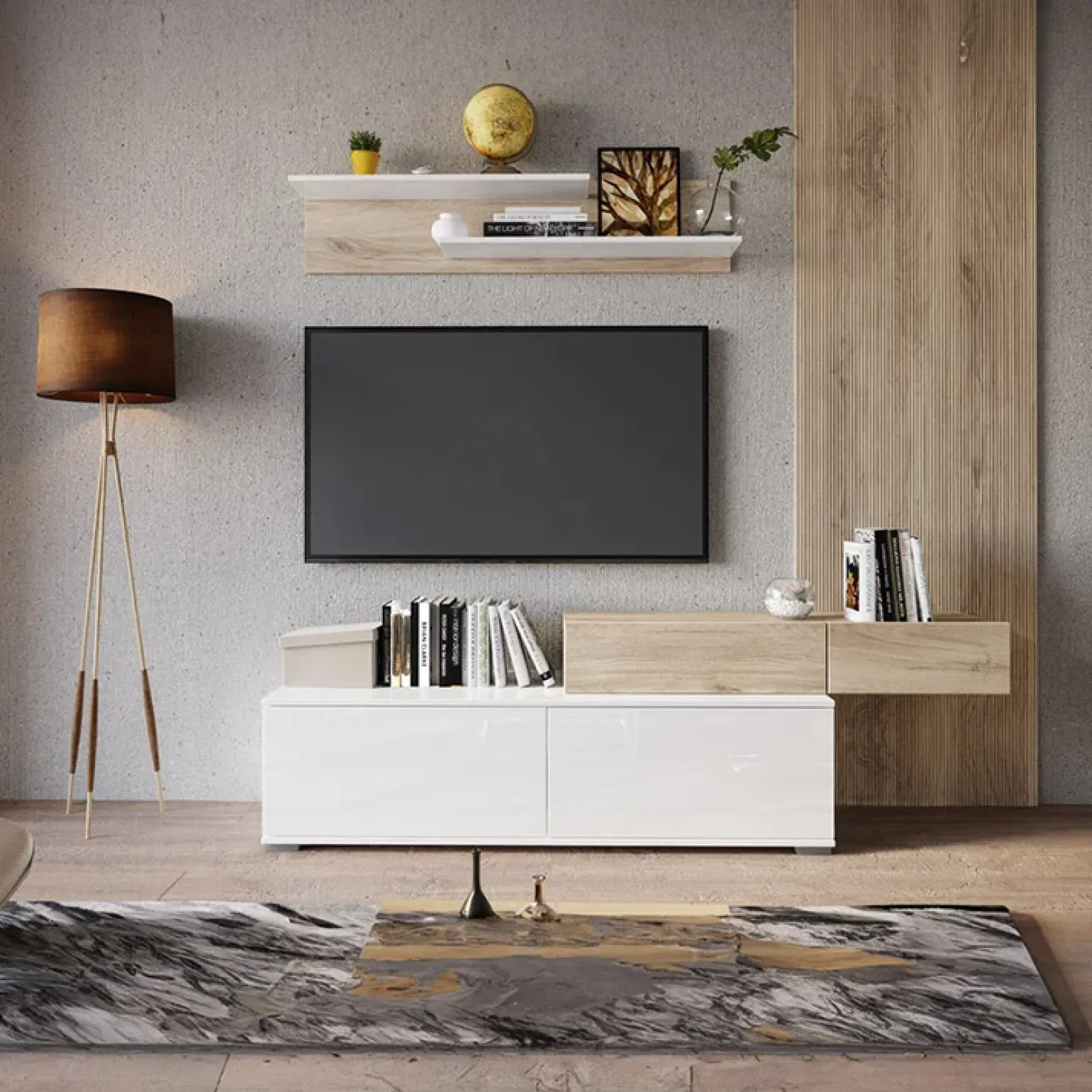 Parete attrezzata 205x200h cm bianco lucido con pannello cannettato rovere Rovella