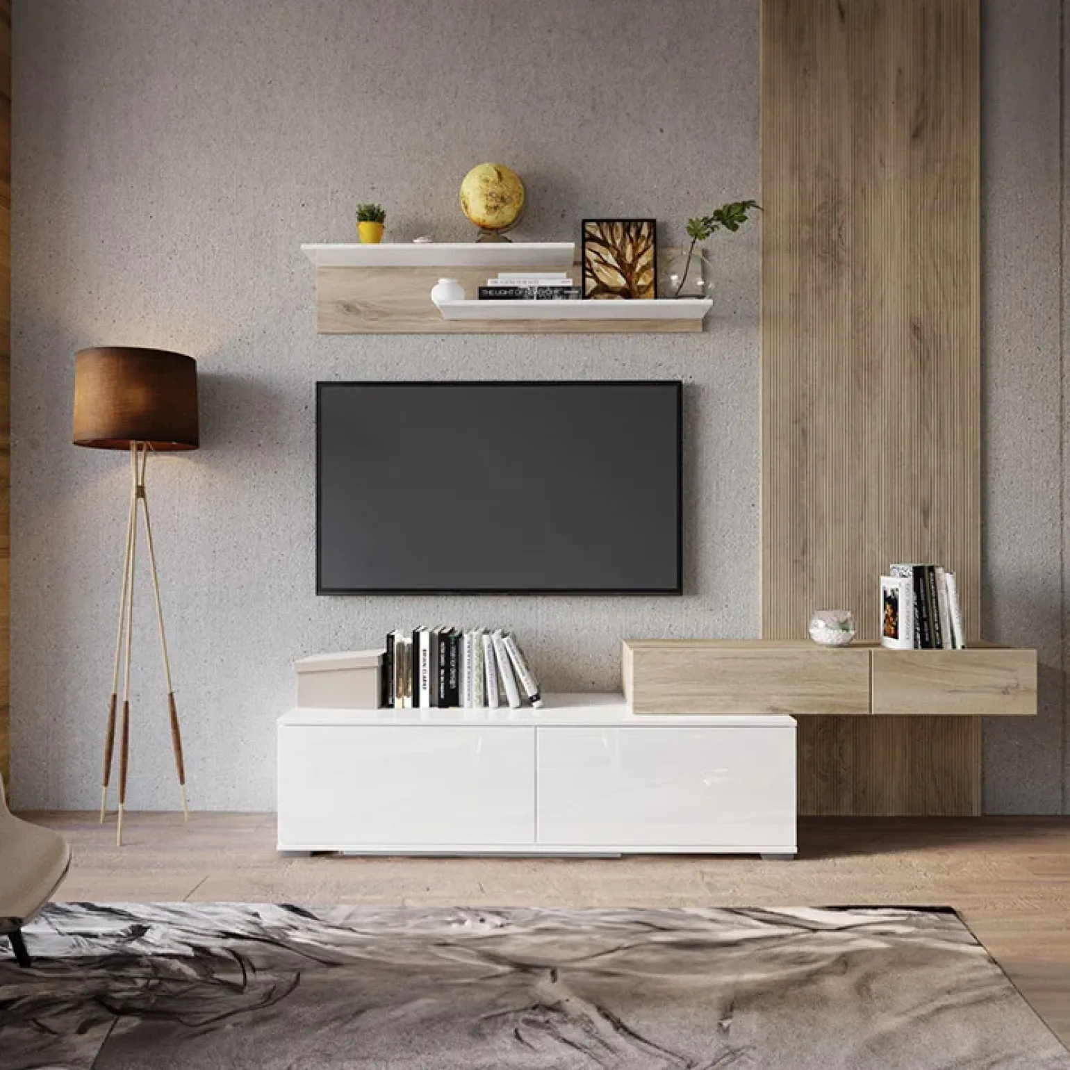 Parete attrezzata 205x200h cm bianco lucido con pannello cannettato rovere Rovella