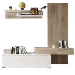 Parete attrezzata 205x200h cm bianco lucido con pannello cannettato rovere Rovella