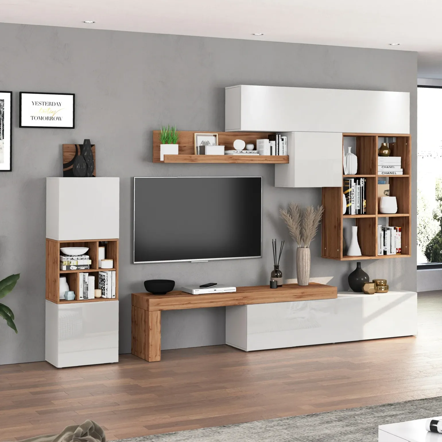 Parete attrezzata 350x200h cm bianco lucido rovere Block 3