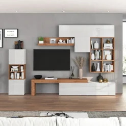 Parete attrezzata 350x200h cm bianco lucido rovere Block 3