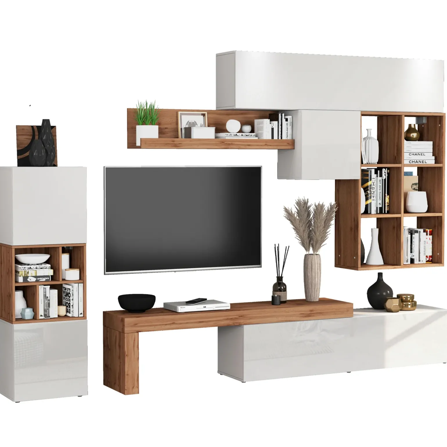 Parete attrezzata 350x200h cm bianco lucido rovere Block 3