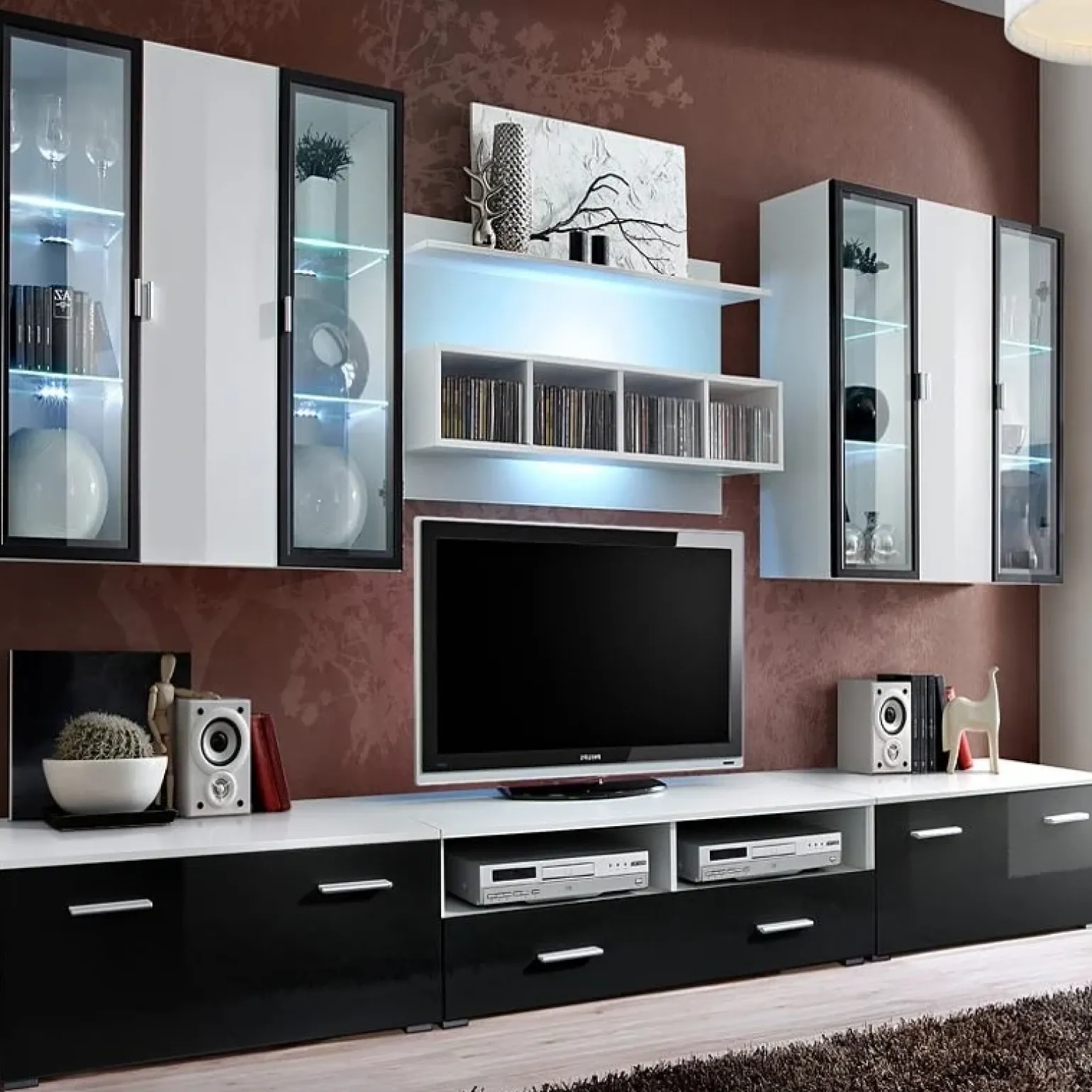Parete attrezzata 300x190h cm bianco nero lucido Corfù Gihome®