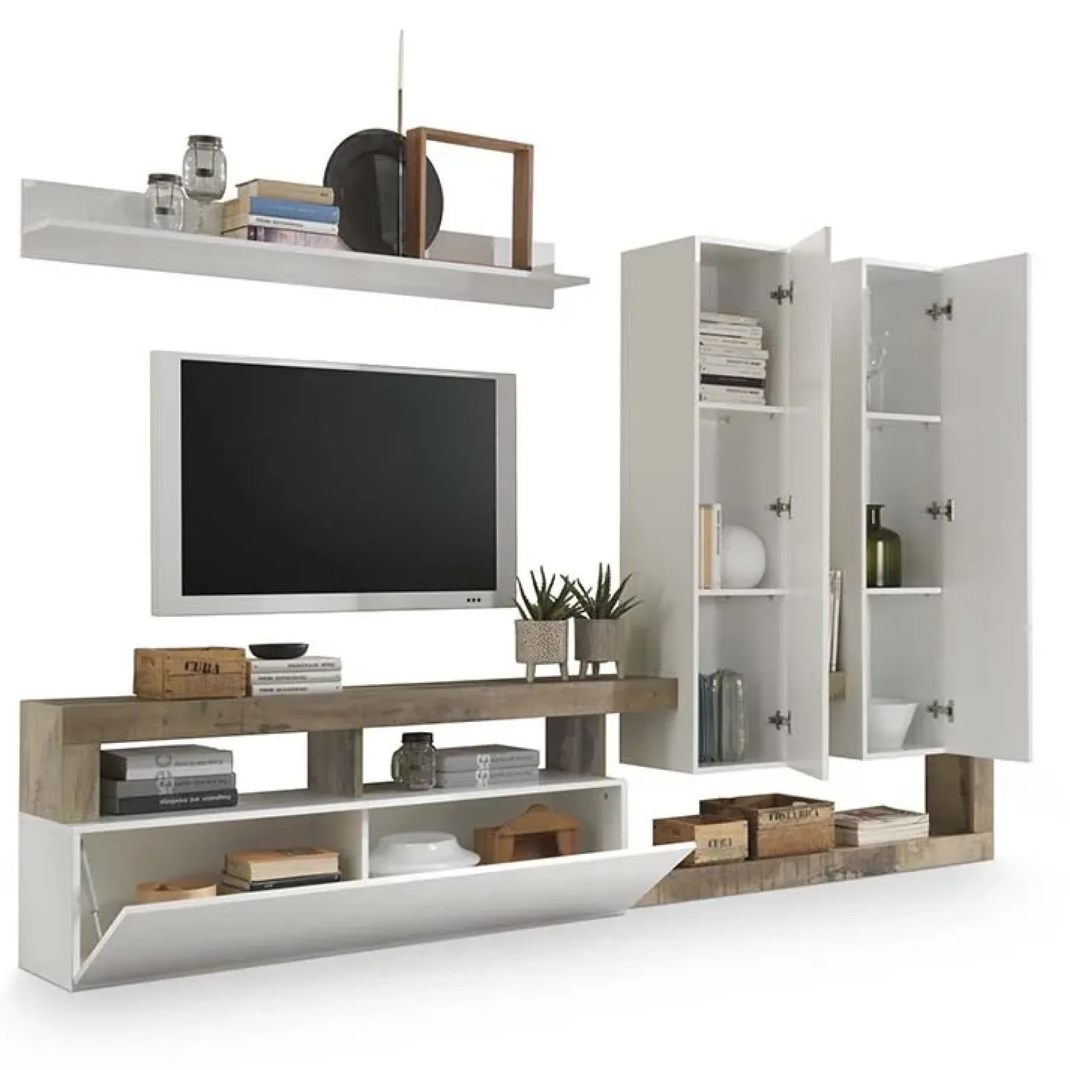 Parete attrezzata 277x200h cm bianco lucido pero soggiorno Invictus