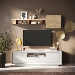 Parete attrezzata 180x200h cm bianco opaco rovere chiaro Deluxe