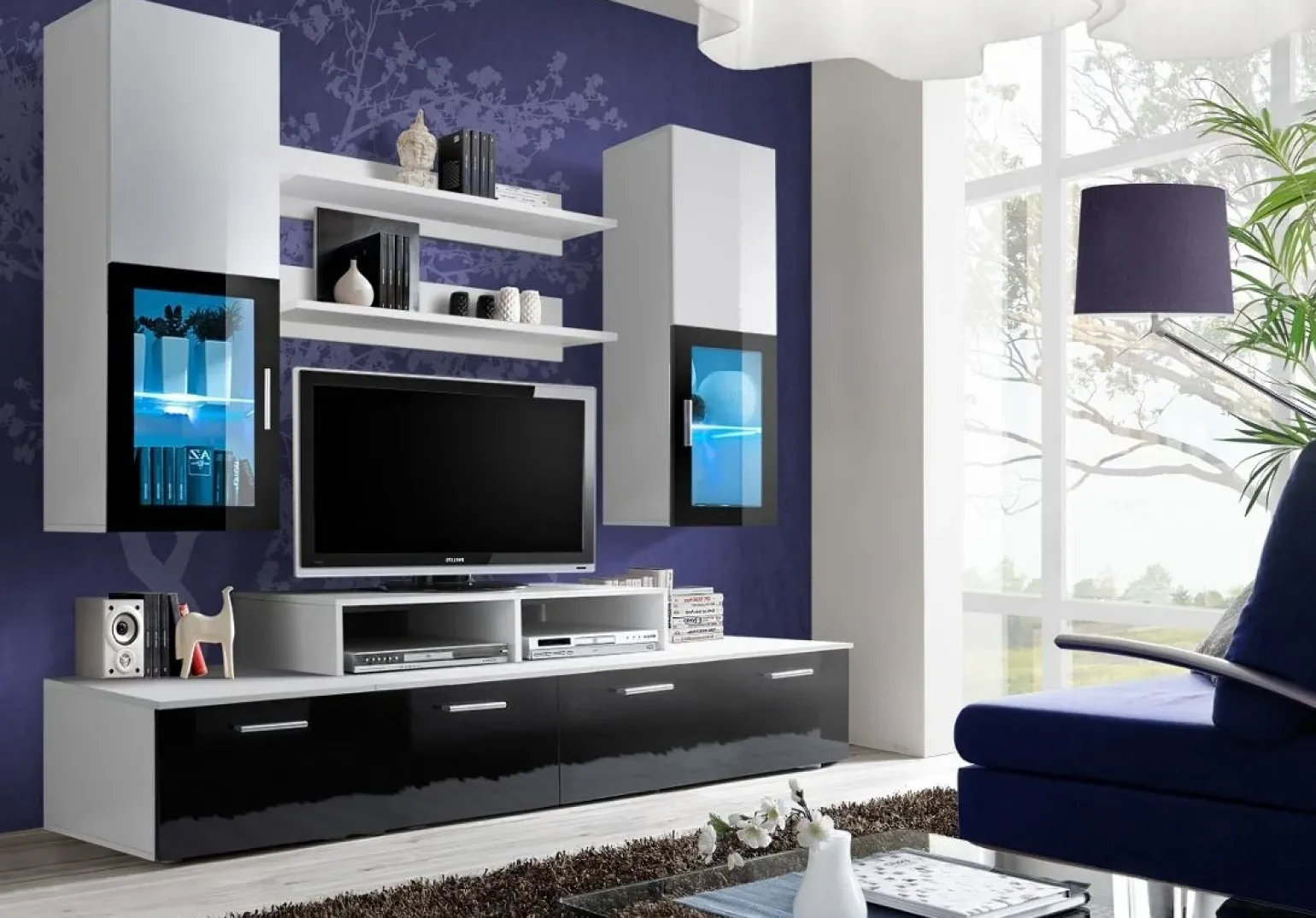 Parete attrezzata 200x225h cm bianco nero lucido Orlando Gihome®