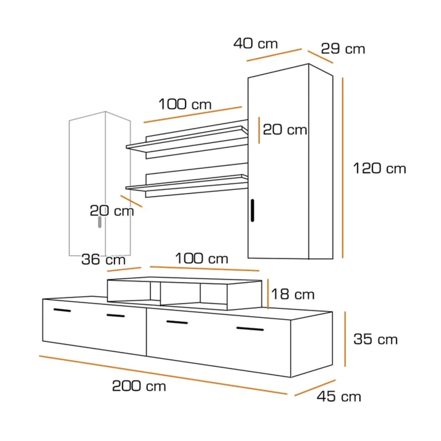 Parete attrezzata 200x225h cm bianco nero lucido Orlando Gihome®