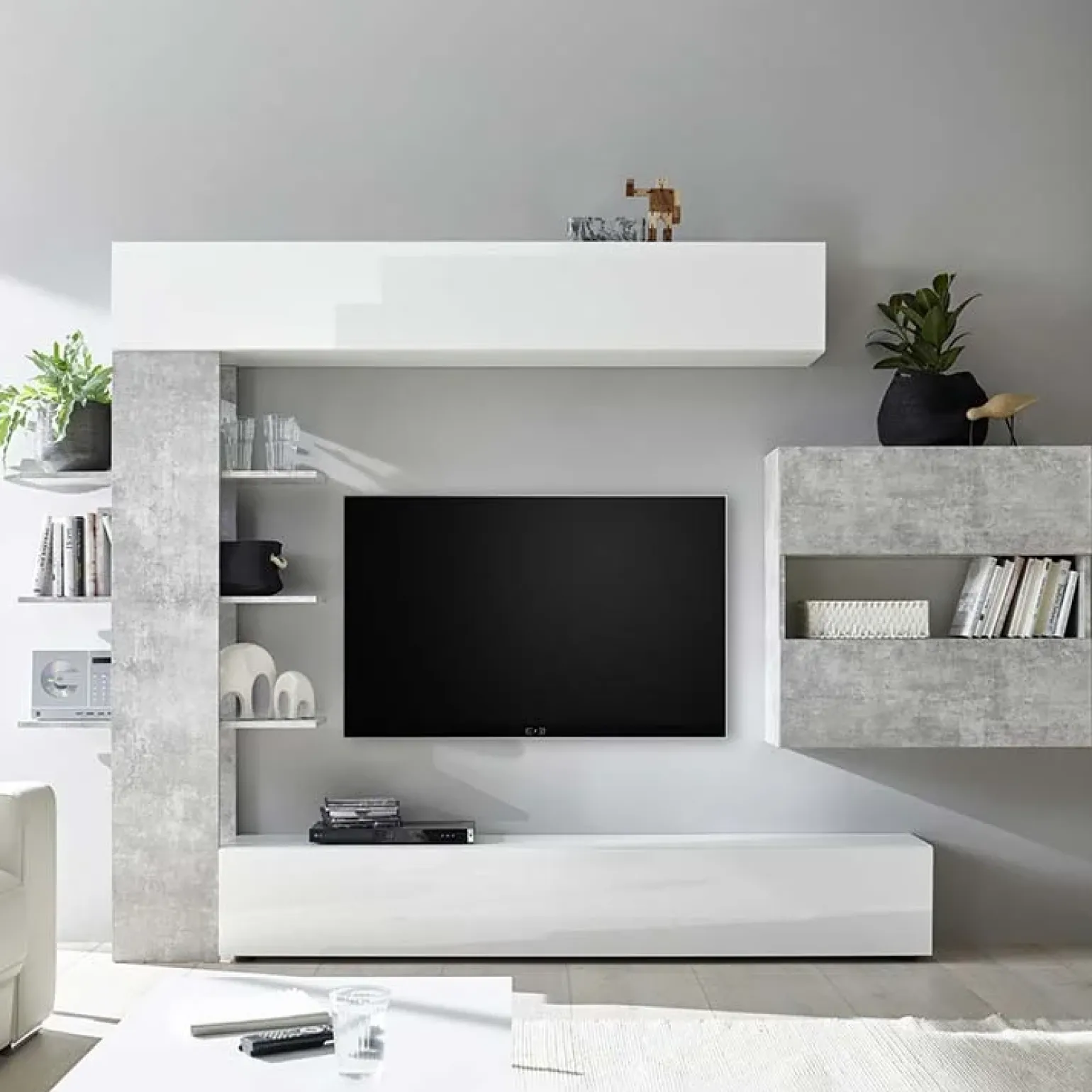 Parete attrezzata 285x187h cm bianco lucido e opaco cemento Steppi 2