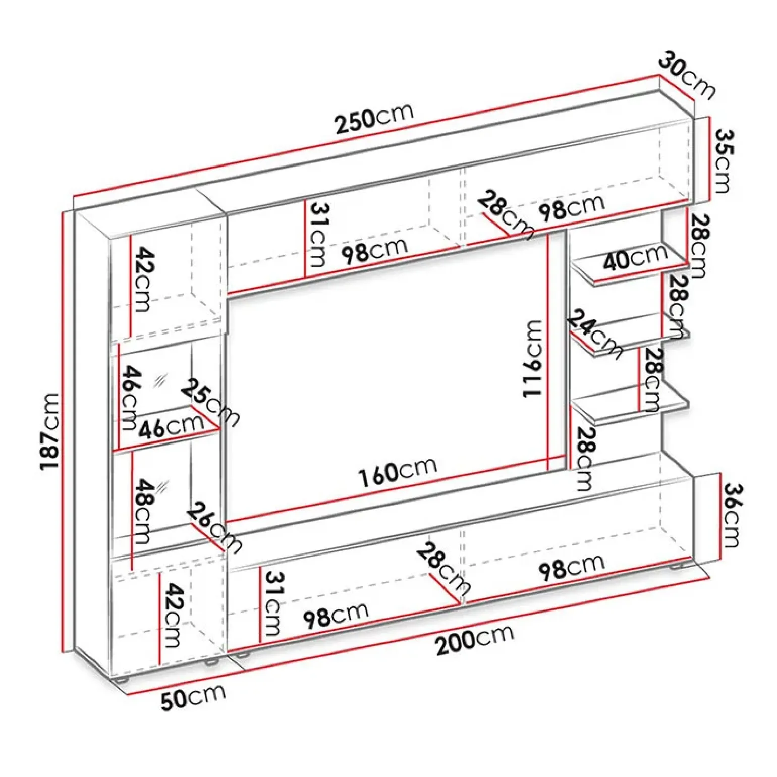 Parete attrezzata 250x187h cm con led bianco cemento Gracia