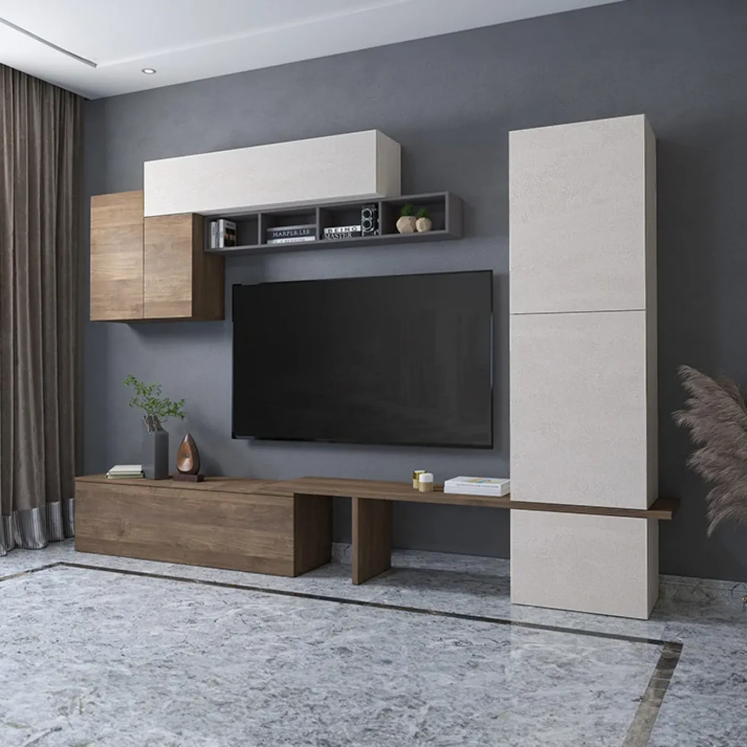 Parete attrezzata 300x223h cm moderna soggiorno noce bianco Britto