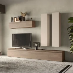 Parete attrezzata 276x205h cm moderna beige rovere scuro Sunset 80