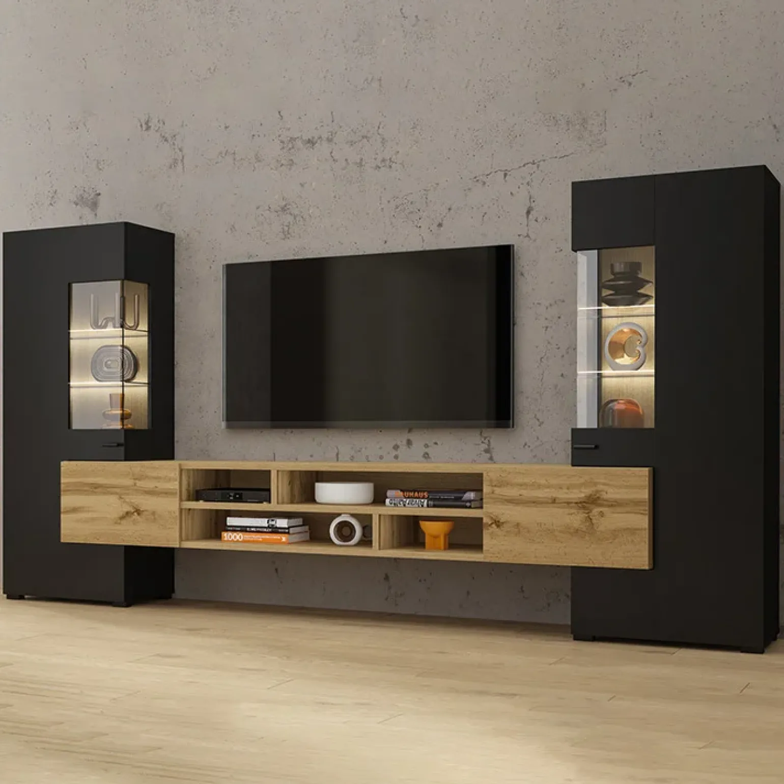Parete attrezzata 270x143h cm moderna nero rovere chiaro Maserati