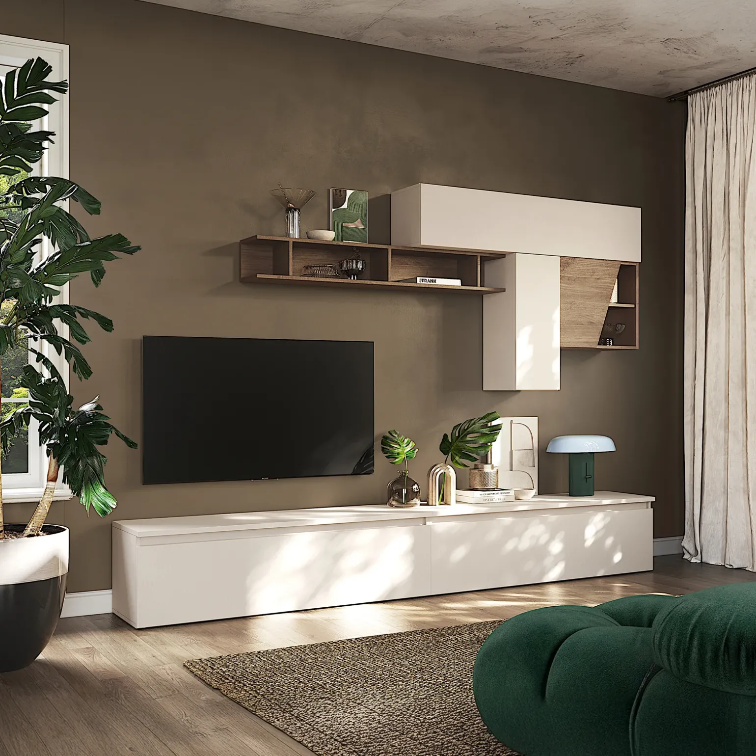Parete attrezzata 276x210h cm moderna beige rovere scuro Sunset 73