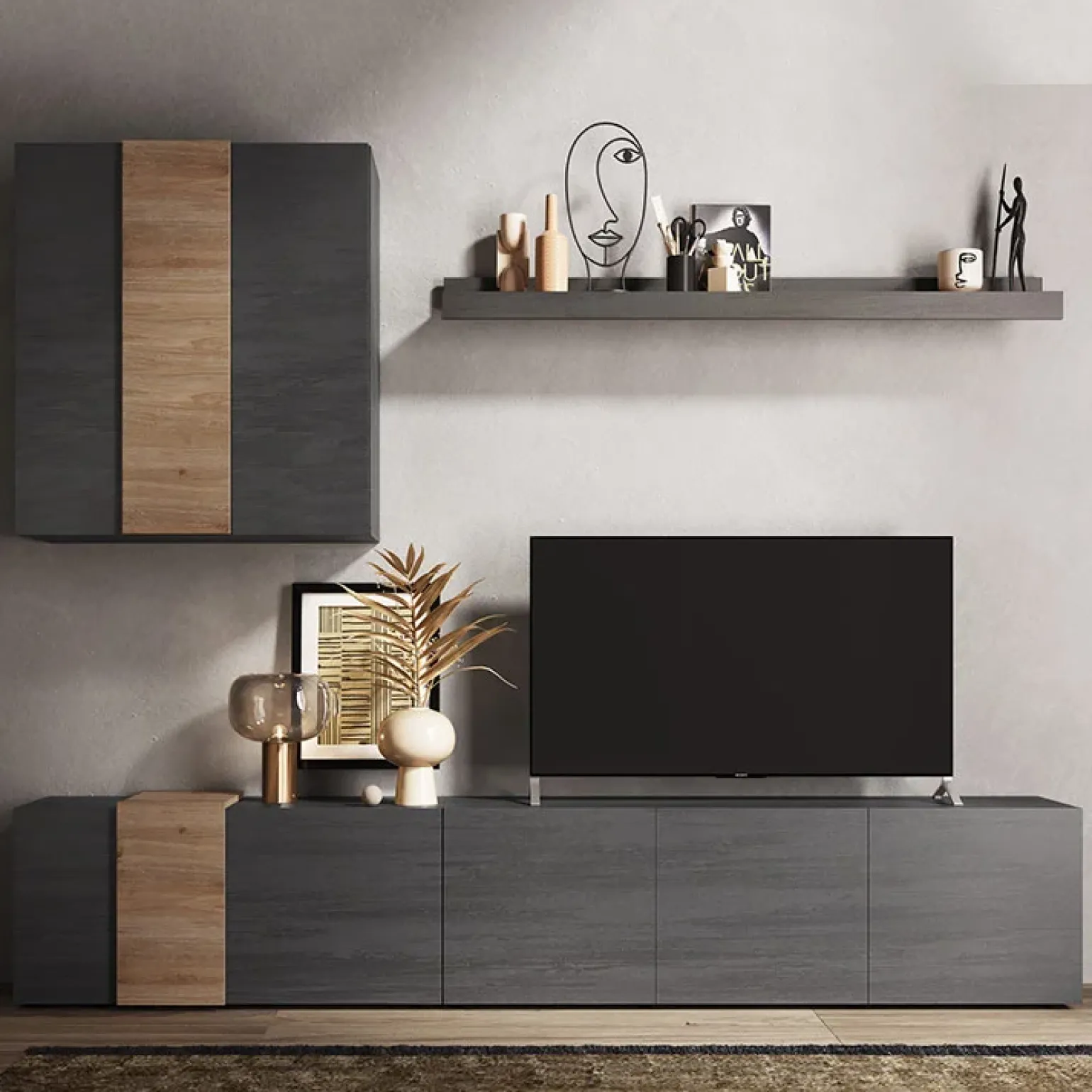 Parete attrezzata 301x210h cm moderna titanio rovere Universal