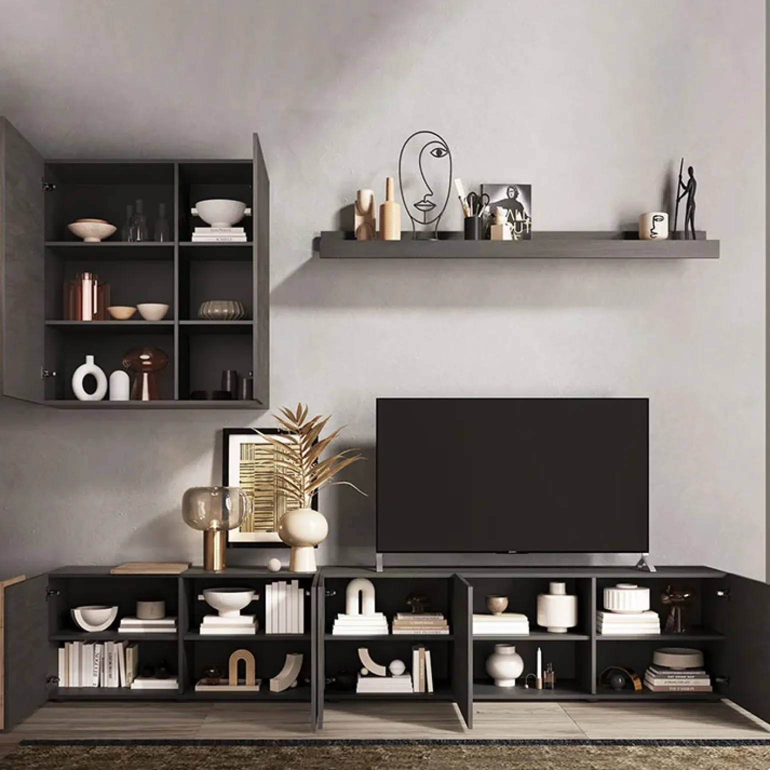 Parete attrezzata 301x210h cm moderna titanio rovere Universal