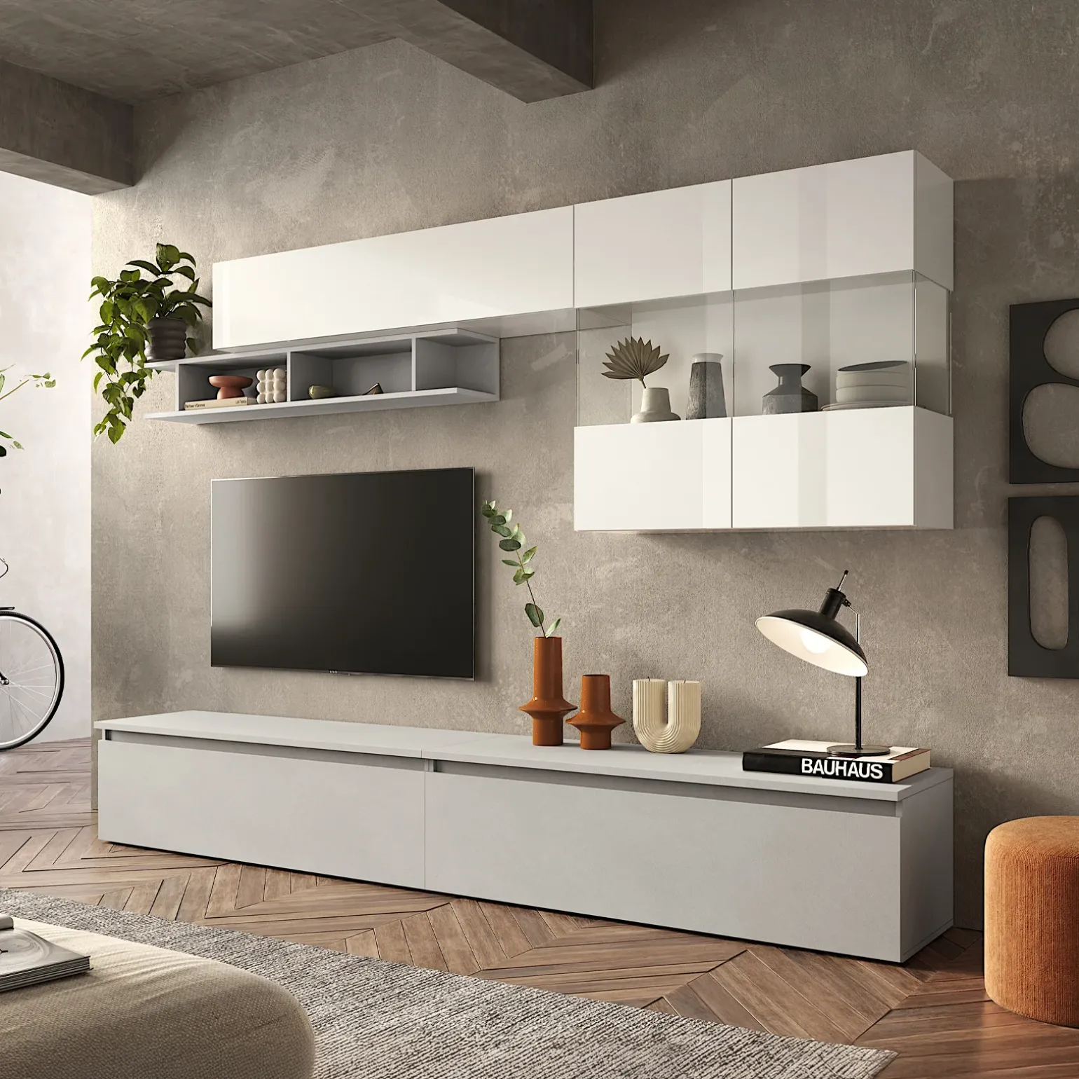Parete attrezzata 276x202h cm moderna grigio chiaro bianco lucido Sunset 71