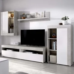 Parete attrezzata 254x294h cm moderna bianco opaco cemento Freddy