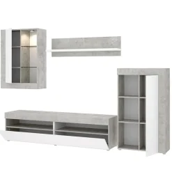 Parete attrezzata 254x294h cm moderna bianco opaco cemento Freddy