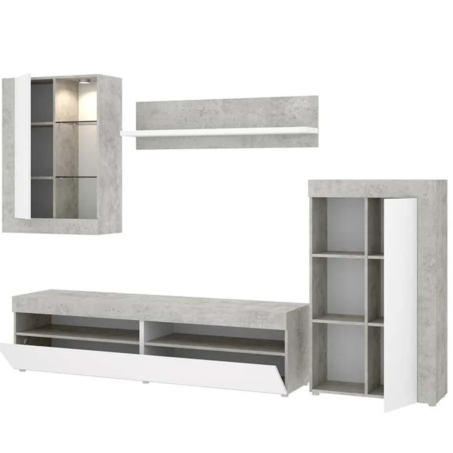 Parete attrezzata 254x294h cm moderna bianco opaco cemento Freddy