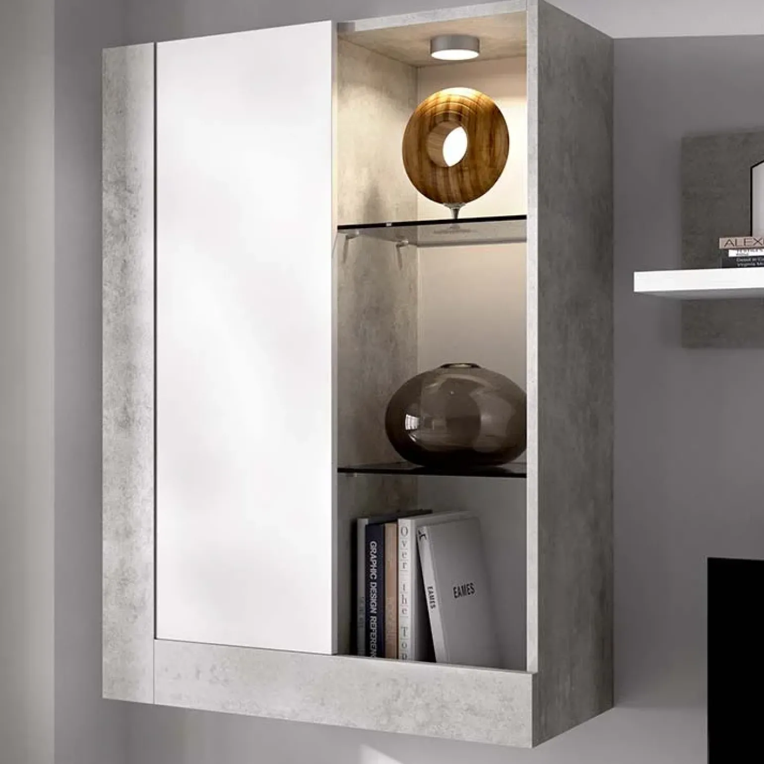 Parete attrezzata 254x294h cm moderna bianco opaco cemento Freddy