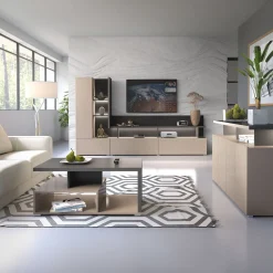 Parete attrezzata 325x180h cm moderna con vetrina beige grigio Matt