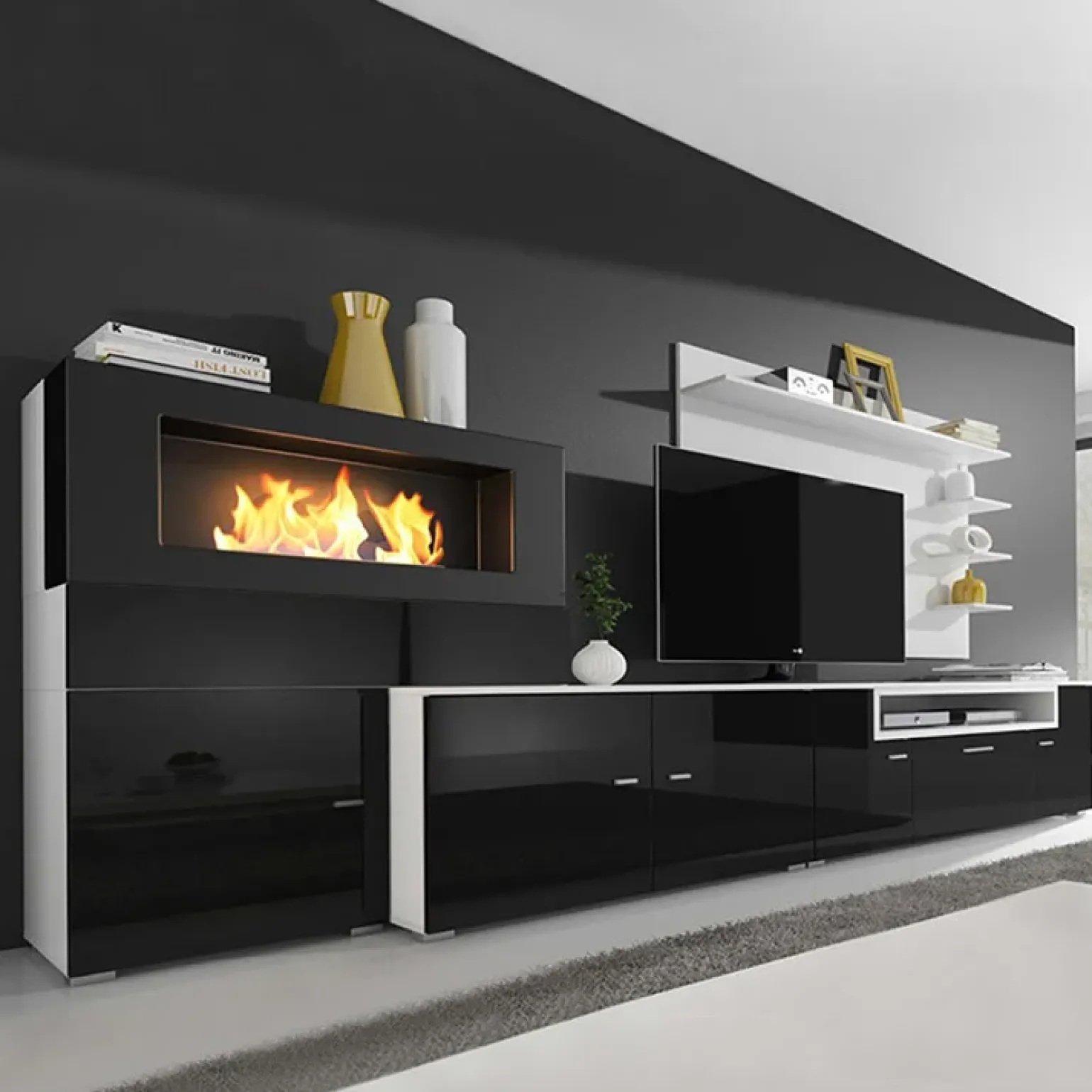 Parete attrezzata 288x170h cm moderna reversibile con biocamino nero Fire Gihome®