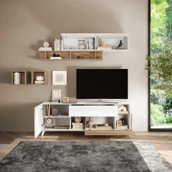 Parete attrezzata 181x205h cm moderna bianco lucido rovere chiaro Witty