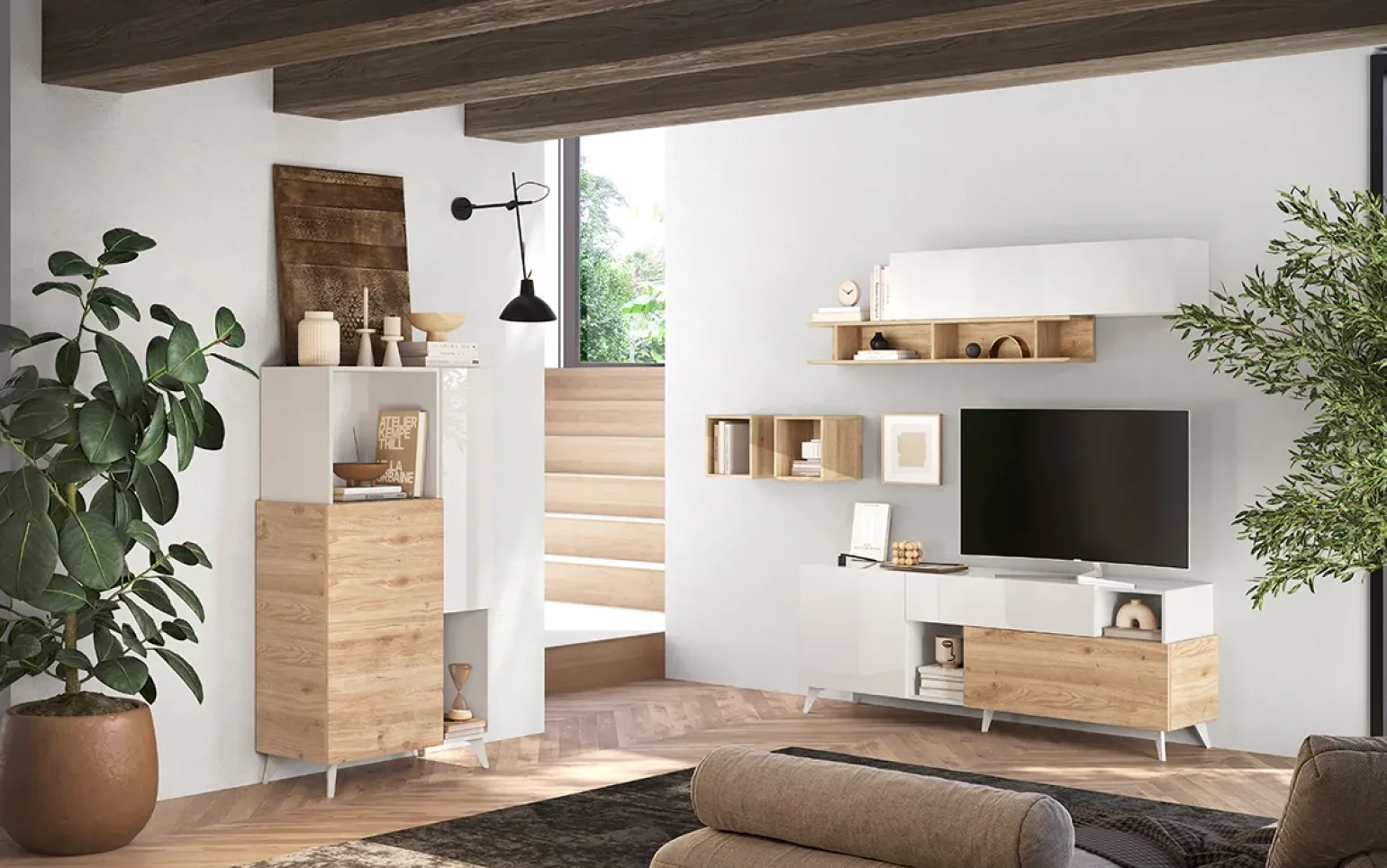 Parete attrezzata 181x205h cm moderna bianco lucido rovere chiaro Witty